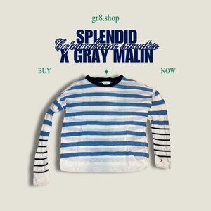 Splendid X Gray Malin Striped Long Sleeve Sweater XS Cotton Blend White Blue Red